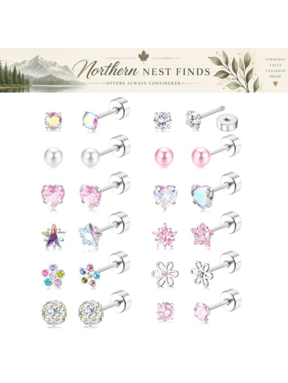 Flat Back Stud Earrings Set Surgical Steel Hypoallergenic Screw Back